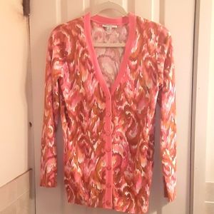 XS ISAAC MIZRAHI PAISLEY PRINTED BOYFRIEND CARDIGAN